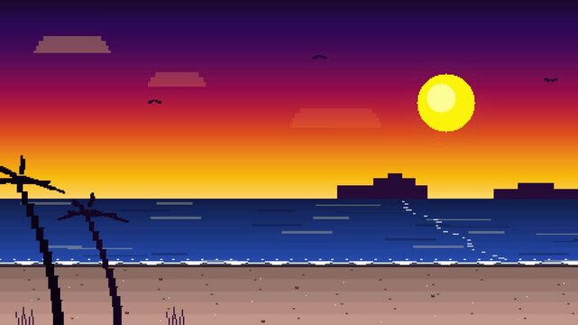 Retro pixel art beach sunset repeating pattern with palm trees