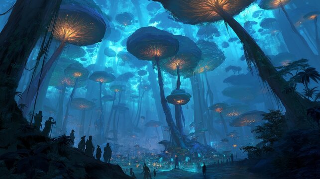 Colossal trees tower like mountains, their roots forming cities beneath glowing canopies where luminous creatures float through the mist. 