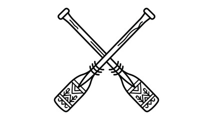 Crossed Paddles Emblem: A simple, graphic illustration of two crossed wooden paddles with decorative patterns on the blades, symbolizing adventure and teamwork. © MahfujaSultana