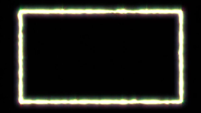 Glowing neon rectangle frame with electric edges on black background, animated light border, empty copy space for text or video