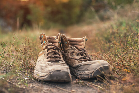Pair of old worn shabby shoes with dusty cracked leather and untied laces standing in dry grass