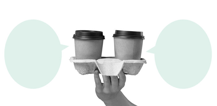 A hand holds a cardboard carrier with two lidded coffee cups between pale speech bubbles on a transparent background, with no time or location shown.