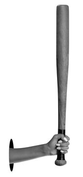 A cropped arm and hand grip a baseball bat and hold it upright against a transparent background, with no setting or time shown.
