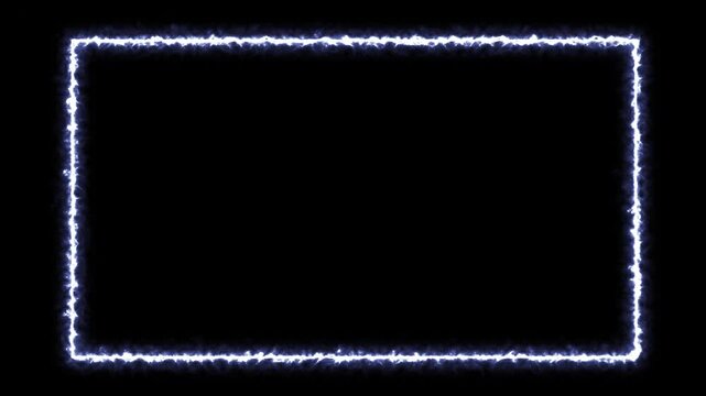 Electric lightning rectangle frame with crackling blue white energy on black background, animated plasma border, empty copy space for text or video