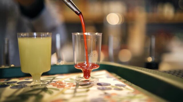 The bartender pours tinctures of different colors into shot glasses. Close‑up shot in slow motion.