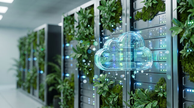 Green data center energy storage concept with glowing cloud computing symbol and server rack. Sustainable clean renewable power infrastructure, future tech server network storage system