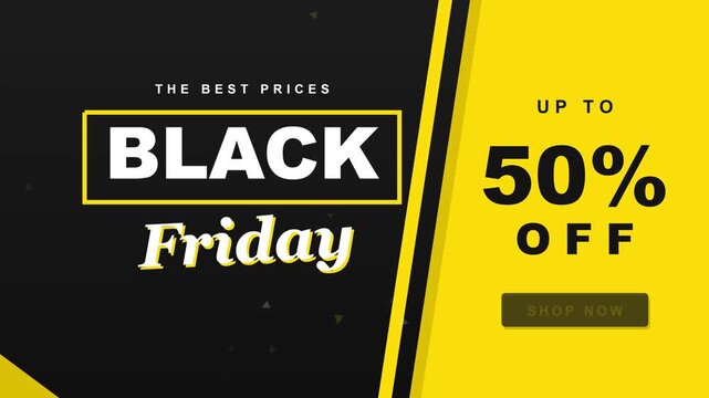 Black Friday sale banner animation with yellow and black diagonal layout, up to 50 percent off and shop now button