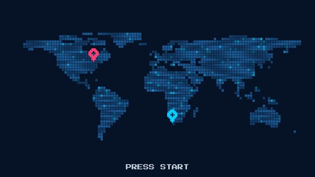 Digital world map with growing data points and location markers appearing in sequence across continents