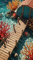Fototapeta premium Underwater wooden pier leading to tropical hut with coral reef