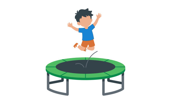 Boy jumping on a circular trampoline flat vector illustration