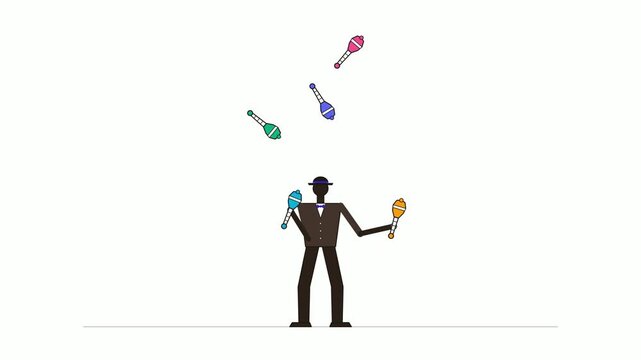 Man in hat smoothly juggles colorful clubs on white background