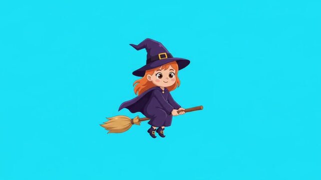 Cute Halloween Witch Riding Broomstick and Gliding on Solid Cyan Chroma Key Background