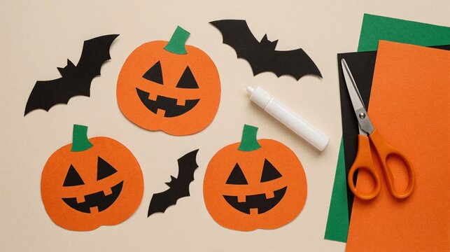 Halloween Paper Crafts with Pumpkins and Bats, Scissors and Glue Stick