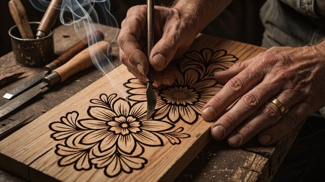 Artisan Woodburning Craftsman Creating Floral Pyrography Design on Timber Plank