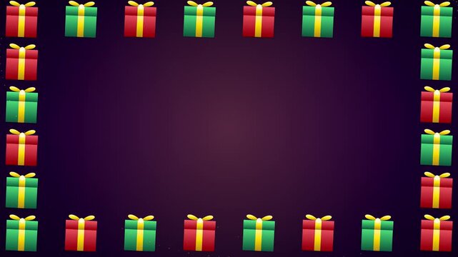 Festive holiday gift boxes forming a grid frame on purple background