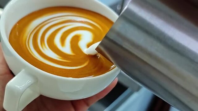 Barista pouring steamed milk into a white coffee cup to create intricate latte art design   