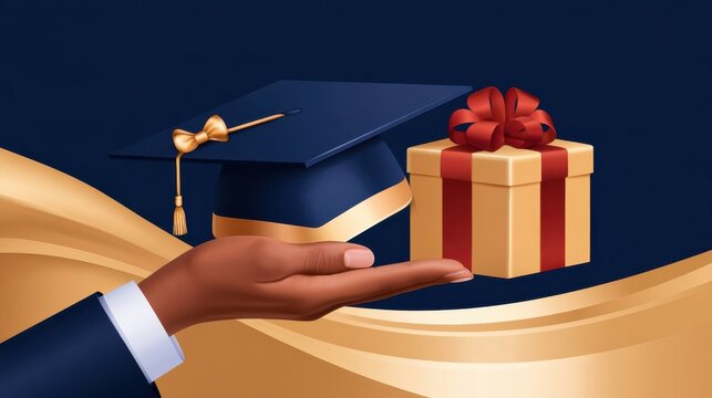 Graduation cap with gold tassel and gift box with red ribbon held in hand against dark blue background, academic achievement symbol