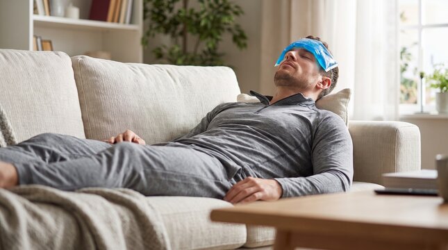 Young man suffering from headache and migraine, lying on a sofa at home, applying an ice pack on his forehead for pain relief and comforting his illness, copy space