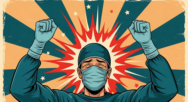 Heroic doctor with fists raised in retro comic book style