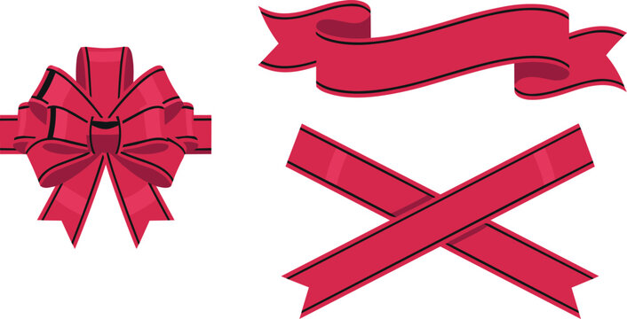 Elegant Red Ribbon Bow Vector Illustration Set with Wavy Satin Banner and Crossed Gift Wrapping Straps for Christmas Holidays, Birthdays, and Present Packaging Designs