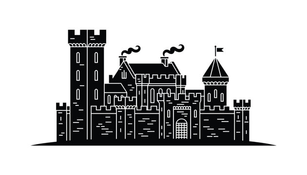 Medieval royal castle fortress silhouette with stone towers, battlements, and arched gate in black and white.
