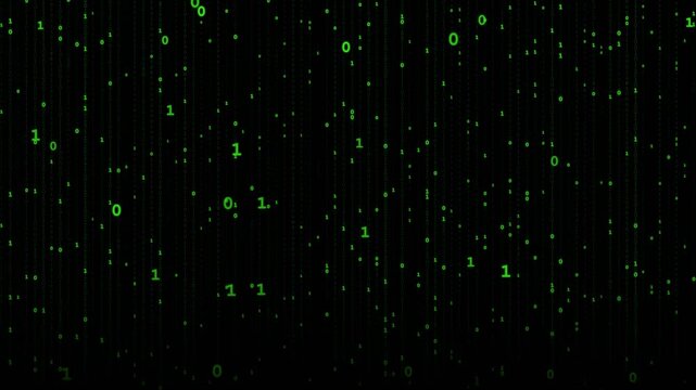 Abstract Digital Background Featuring Falling Green Binary Code and Data Stream on Dark Black Backdrop for Technology Concept
