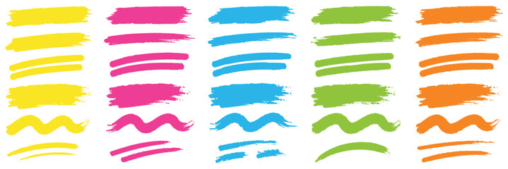 Fototapeta na wymiar Rough highlighter brush strokes. Marker underline bundle in yellow, pink, blue, green, orange. Felt tip streaks, crossed strikethrough marks, text highlight swipes and paint bars. Vector