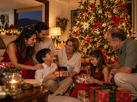 Weihnachten in Venezuela: Drei Generationen feiern gemeinsam am leuchtenden Weihnachtsbaum. Kinder mit Geschenken, gl&uuml;ckliche Eltern und Gro&szlig;eltern genie&szlig;en die festliche Zeit zu Hause.
