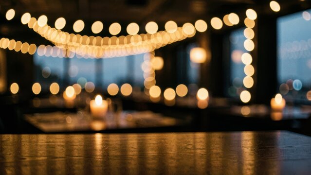 magical bokeh string lights on dark wood table at upscale restaurant twilight ambience for luxury marketing