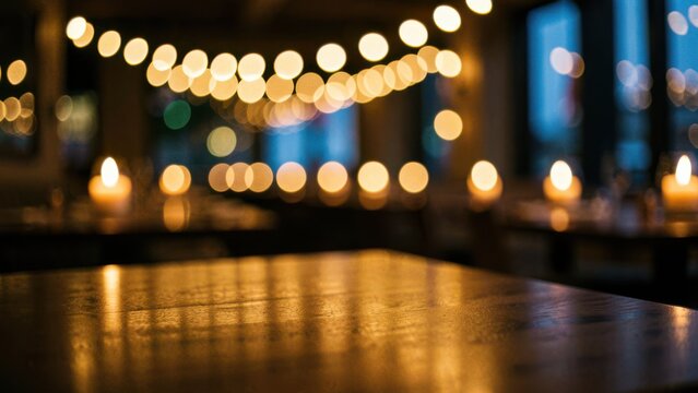 magical bokeh string lights on dark wood table at upscale restaurant twilight ambience for luxury marketing