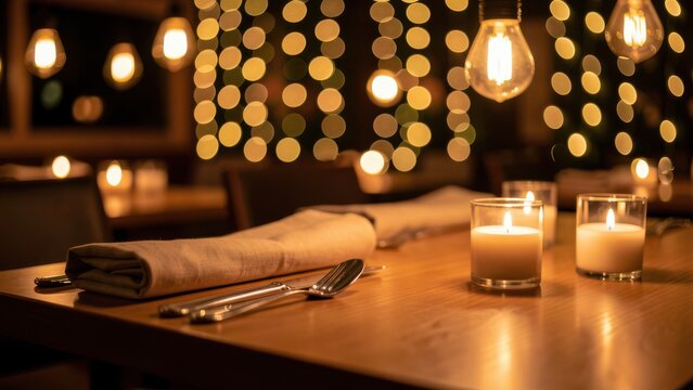 romantic luxury restaurant table setting with golden bokeh lights ambient atmosphere for date night advertising
