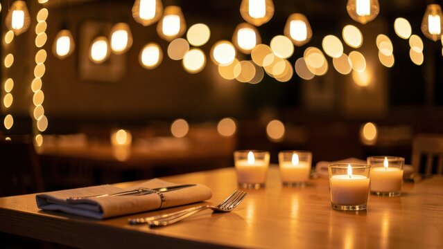 romantic luxury restaurant table setting with golden bokeh lights ambient atmosphere for date night advertising