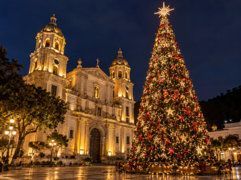 Weihnachten in Venezuela: Ein riesiger Weihnachtsbaum mit goldenen Lichtern, roten Kugeln und strahlendem Stern erhellt einen Stadtplatz vor einer prachtvoll beleuchteten Kirche bei Nacht.