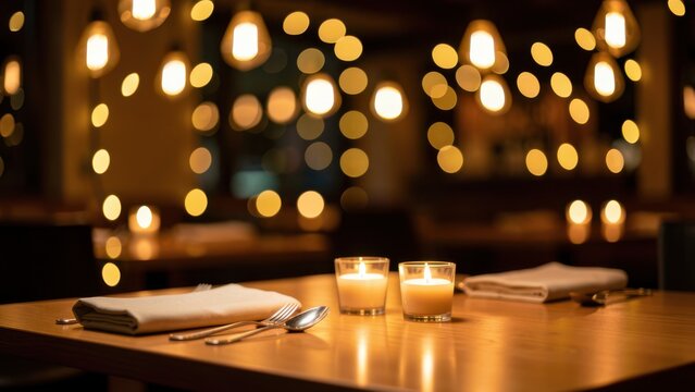 romantic luxury restaurant table setting with golden bokeh lights ambient atmosphere for date night advertising