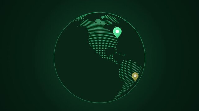 Digital Globe with Location Pins Showing Travel Route Across Continents in a Futuristic Green Network
