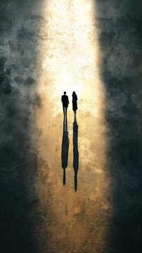 Two Silhouettes Casting Long Shadows in a Beam of Golden Light