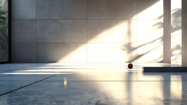 Sunlit Minimalist Concrete Interior with a Small Brown Sphere