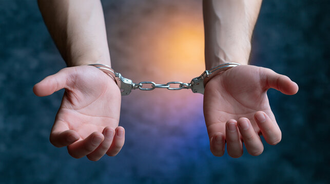 Handcuffed hands held forward with open palms against blue and orange light, depicting restraint, vulnerability, confinement, and justice themed conceptual studio imagery