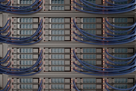 Dense Server Rack with Blue Network Wiring