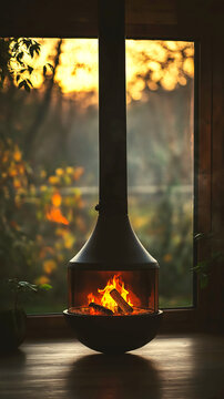 Modern Suspended Fireplace by a Large Window in Warm Evening Light