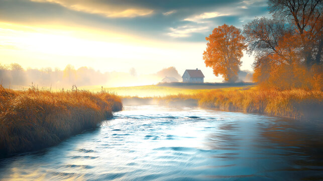 Autumn River and Country Cottage in Golden Mist