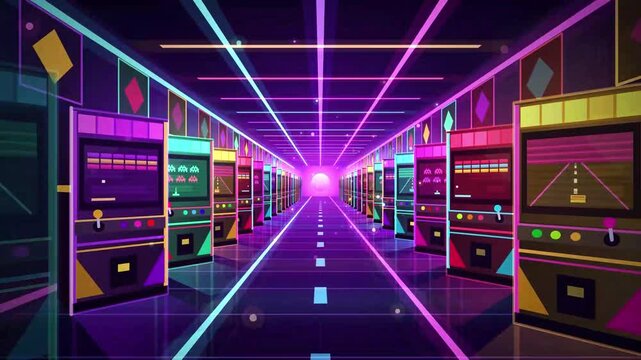 Retro neon arcade corridor with rows of colorful vintage game machines and glowing synthwave lights, 2D animation loop