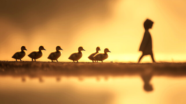Six Ducklings Following a Child Silhouette in Warm Golden Light