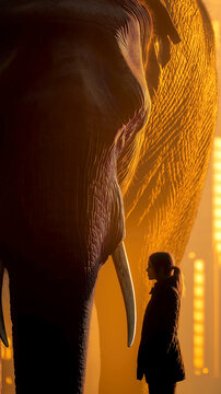 Woman Facing a Giant Elephant in Golden Light