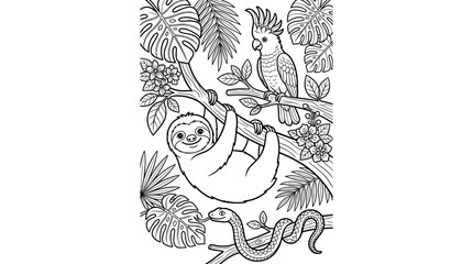 Happy sloth hanging from a tree branch with a parrot and snake, line art illustration, surrounded by tropical leaves and flowers © Reymo