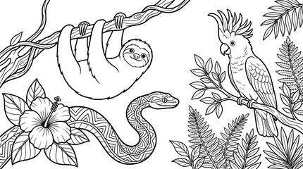 Line art illustration of a sloth hanging from a branch, a snake, and a parrot surrounded by tropical leaves. © Reymo