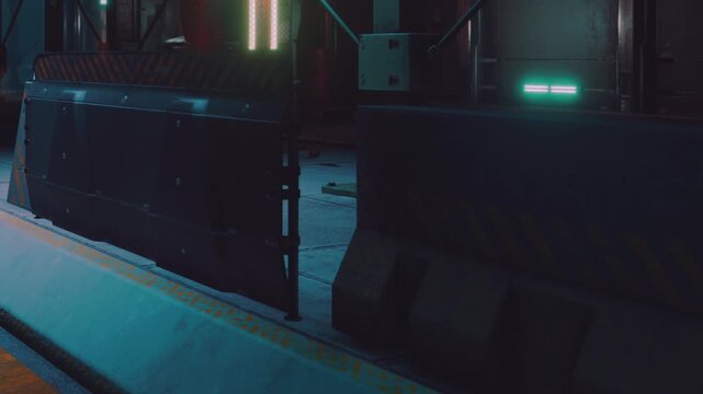 Dark industrial hallway features heavy concrete barriers and glowing lights illuminating the concrete floor during night time