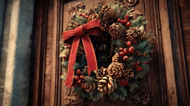 rustic Christmas wreath made of pinecones, berries, and red ribbon on door,