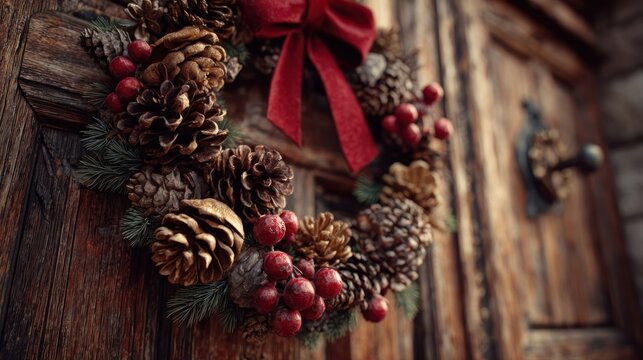 rustic Christmas wreath made of pinecones, berries, and red ribbon on door,