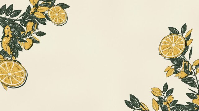 Lemon branches and halved citrus in a two color linocut print on cream paper, leaves turning in the breeze, large copy space, seamless loop
